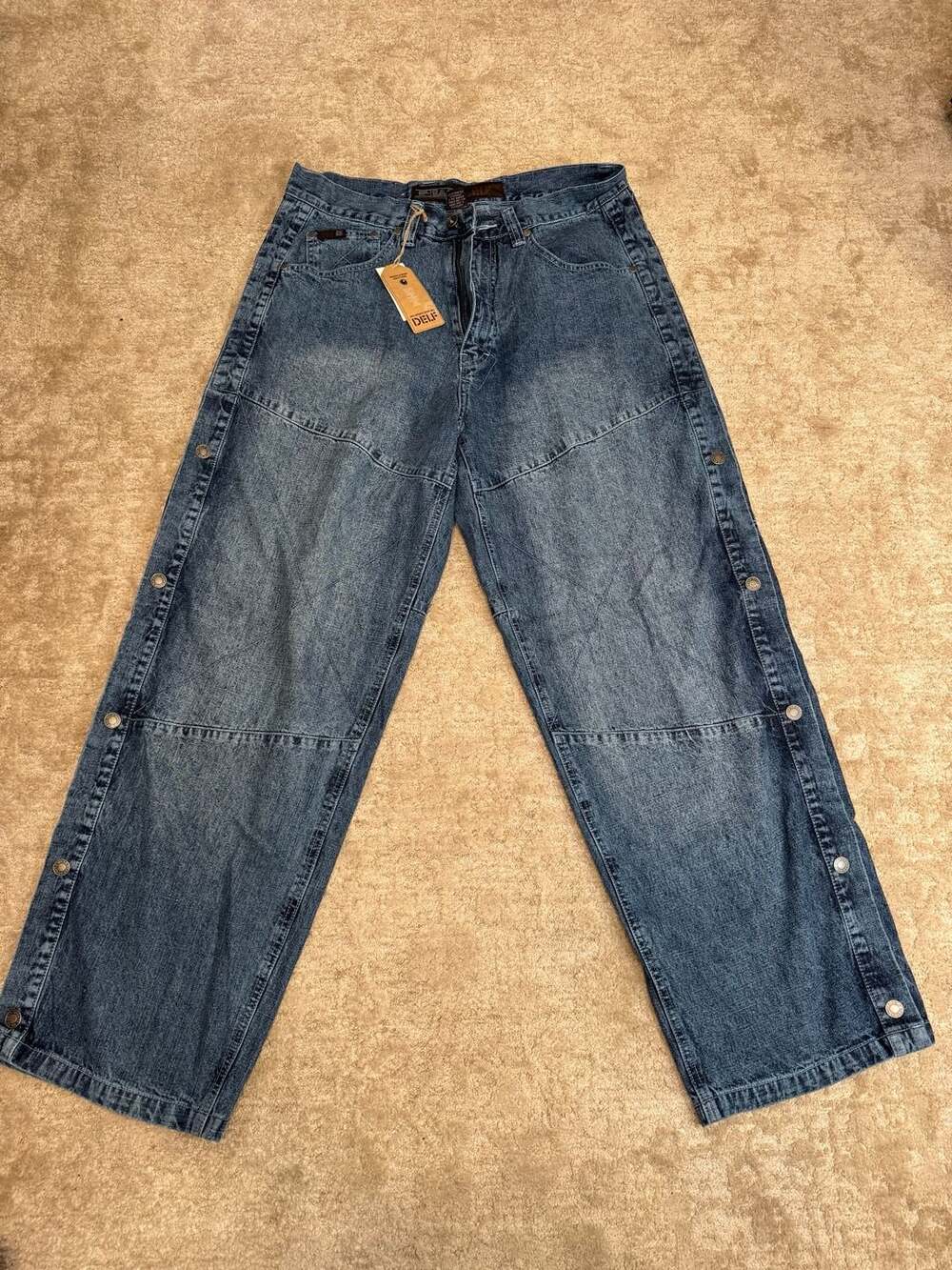 Delf Vintage Wide Leg Loose Fit Denim Jeans with Snap Button Side Details